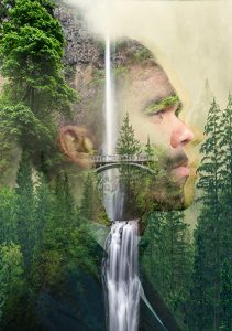 affiche decorative double exposition homme dans une foret avec une cascade