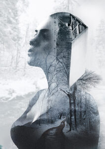 affiche decorative double exposition Une femme en hiver dans une foret glacée